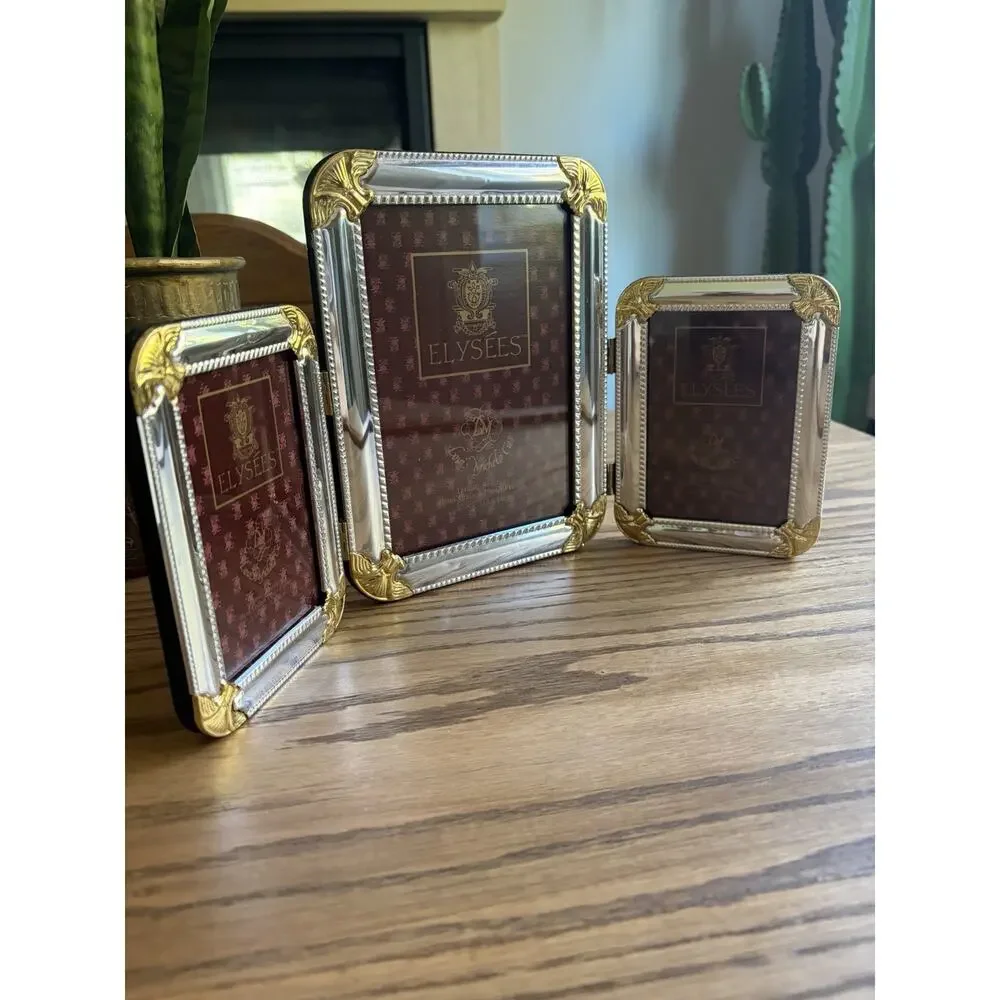 Vintage Trifold Frame ELYSEES Ornate Silver and Gold Standing Picture Frame